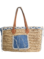 Rustic Straw Tote with Frayed Jean Pocket