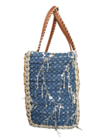 Rustic Straw Tote with Frayed Jean Pocket - Image 3