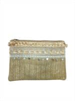 Chic Summer Clutch in Woven Straw with Gold Sequin Pattern  Zip Closure