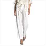 Womens White Linen Blend Trousers with Lace-Up Detail – Elegant Summer Pants