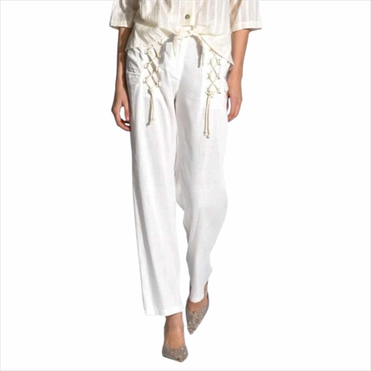 467505.jpg Womens White Linen Blend Trousers with Lace-Up Detail – Elegant Summer Pants - Image 1
