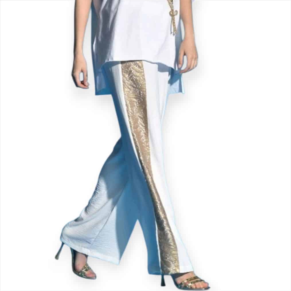 467594.jpg White Palazzo Pants with Gold Sequin Panel Detail – Chic Evening Resort Wear - Image 1