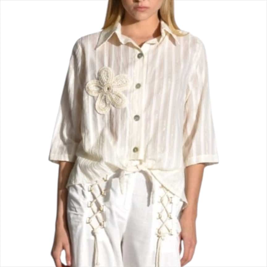 467600.jpg Lightweight Beige Collared Shirt with 3/4 Sleeves – Sophisticated Resort Wear Blouse - Image 1