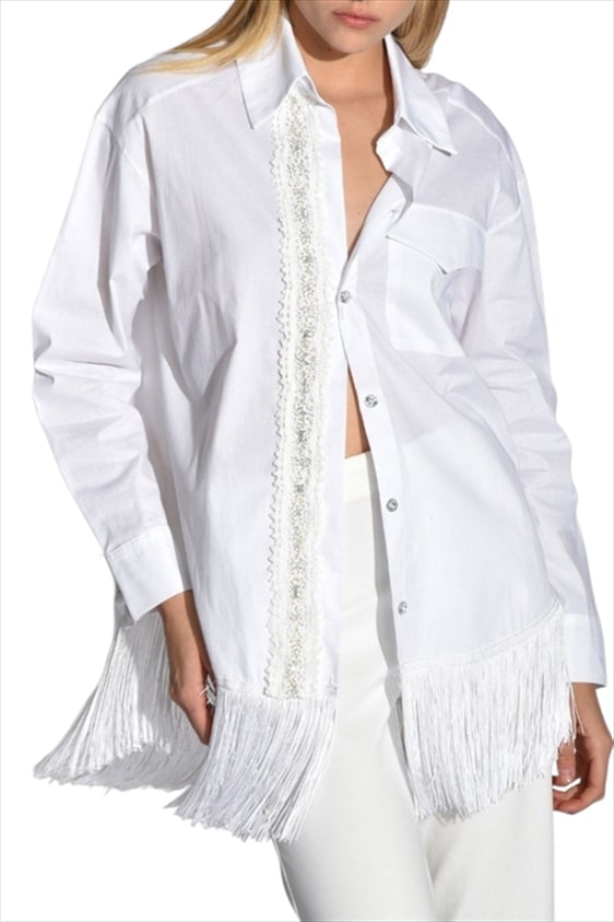 467696.jpg Lace Trim Fringe Shirt for Women – Chic Casual Luxury Top - Image 1