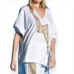 White V-Neck Kaftan Blouse with Metallic Embellishment – Chic Summer Top for Women - Image 2