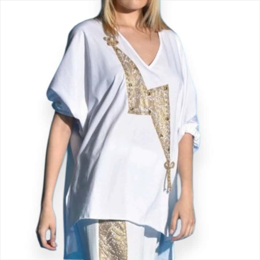 467726.jpg White V-Neck Kaftan Blouse with Metallic Embellishment – Chic Summer Top for Women - Image 1