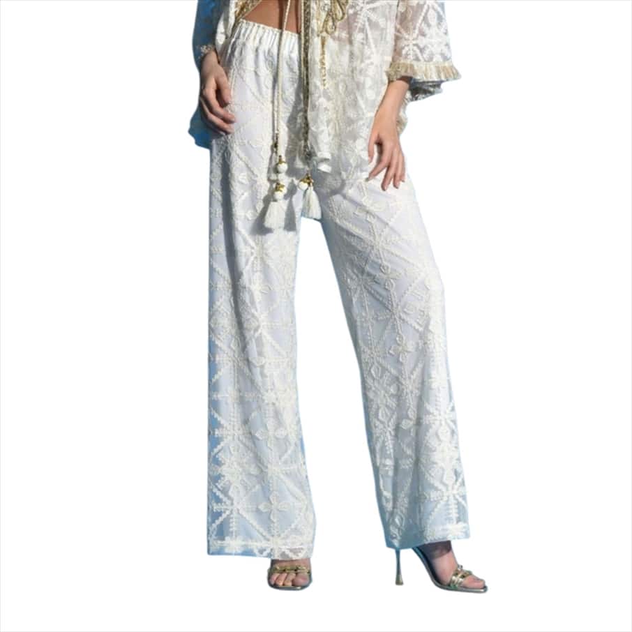 467729.jpg White Boho Palazzo Pants with Intricate Lace Detail – Chic Summer Trousers - Image 1
