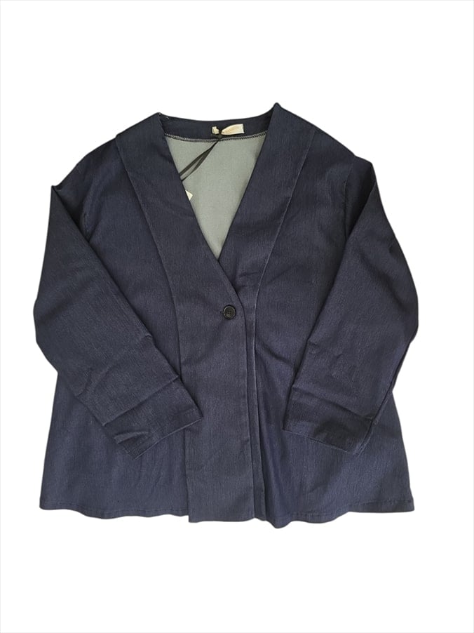 53087.jpg Elegant Navy Blue V-Neck Relaxed Fit Blazer with Single Button - Image 1