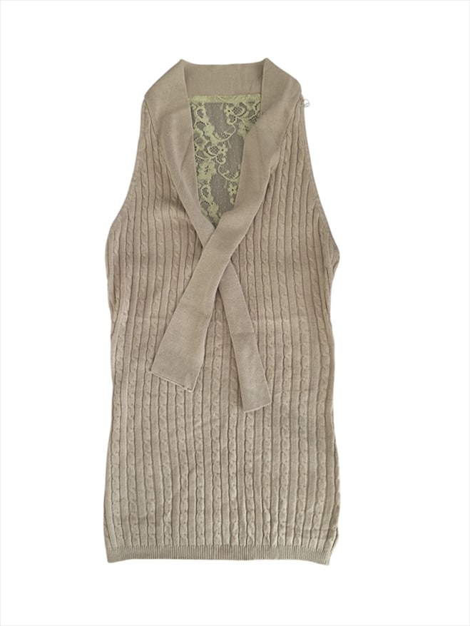 H69934.jpg Soft Taupe Lace Knit Vest - Image 1