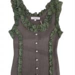 Romantic Ribbed Knit Top with Floral Lace Ruffles  Crystal Buttons