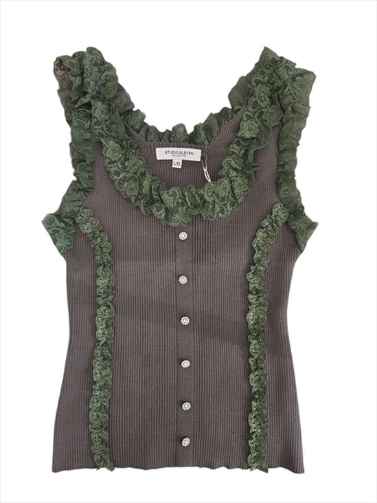 MI351.jpg Romantic Ribbed Knit Top with Floral Lace Ruffles Crystal Buttons - Image 1
