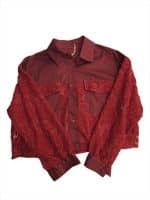 Burgundy Floral Lace Panel Button-Up Shirt