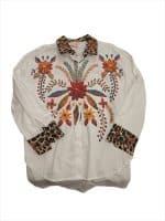 Boho Floral Embroidered Shirt with Leopard Print Details